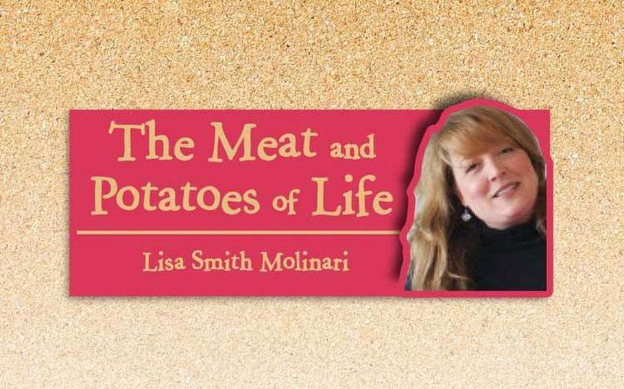Illustration of The Meat and Potatoes of Life. The photo of Lisa Smith Molinari is used. 